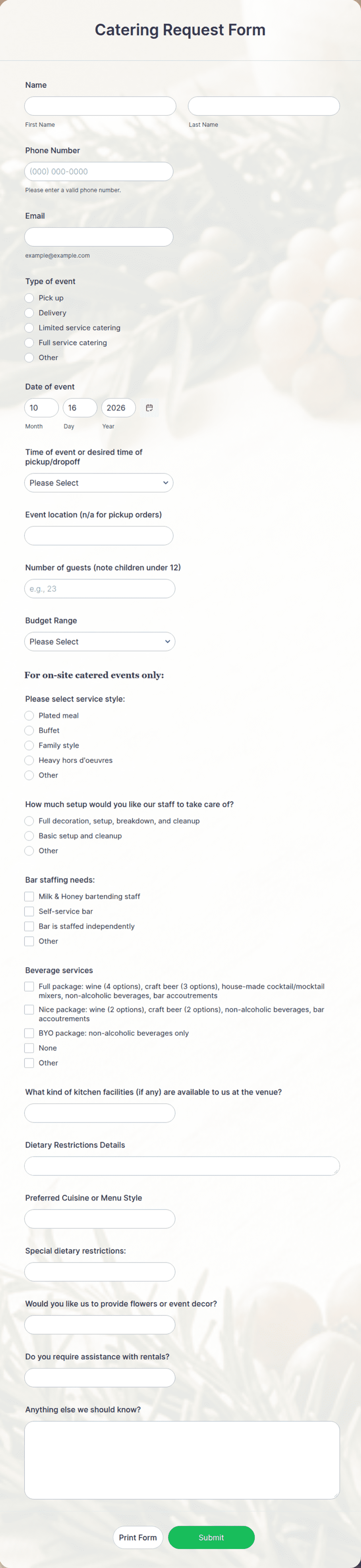 Buffet Request Form Catering Request Form Template | Jotform