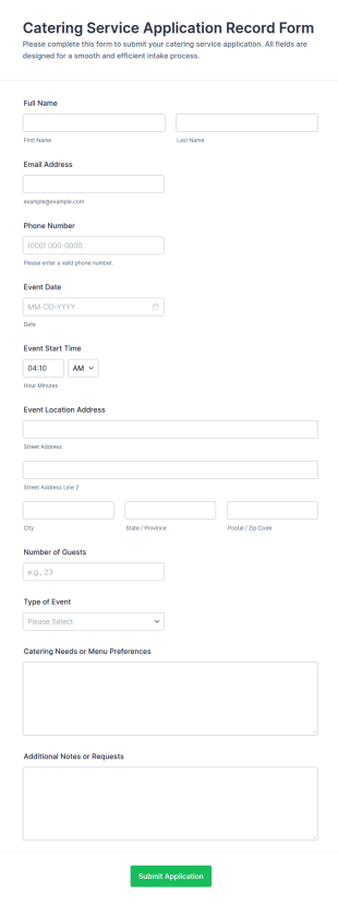 Catering Service Application Record Form Template