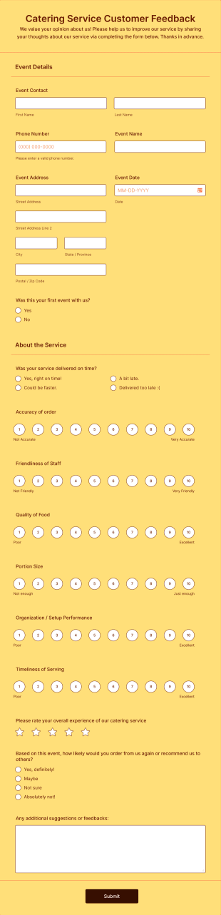 Catering Service Customer Feedback Form Template