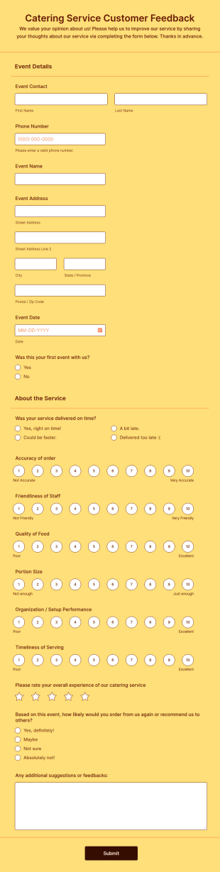 Catering Service Customer Feedback Form Template