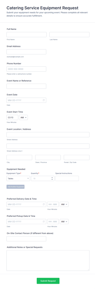 Catering Service Equipment Request Form Template