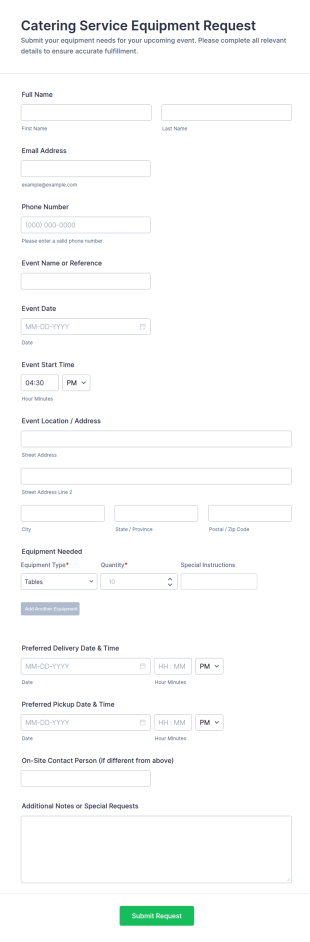 Catering Service Equipment Request Form Template