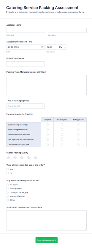 Catering Service Packing Assessment Form Template