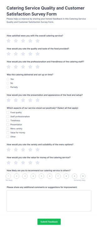Catering Service Quality And Customer Satisfaction Survey Form Template