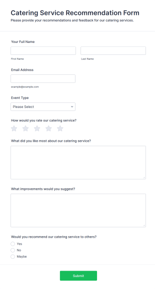 Catering Service Recommendation Form Template
