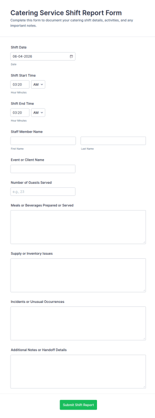Catering Service Shift Report Form Template