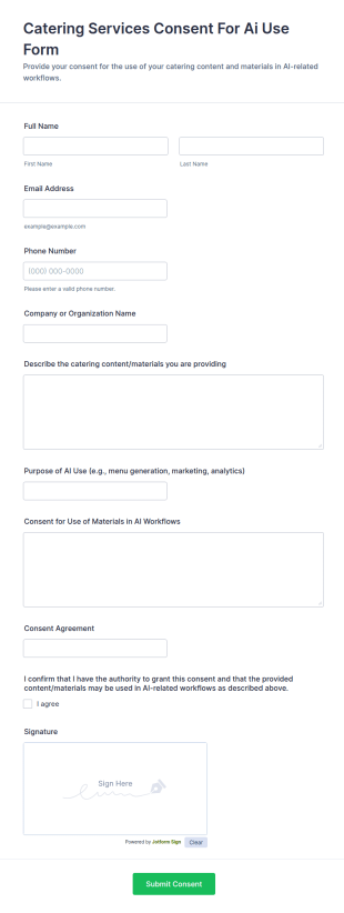 Catering Services Consent For AI Use Form Template