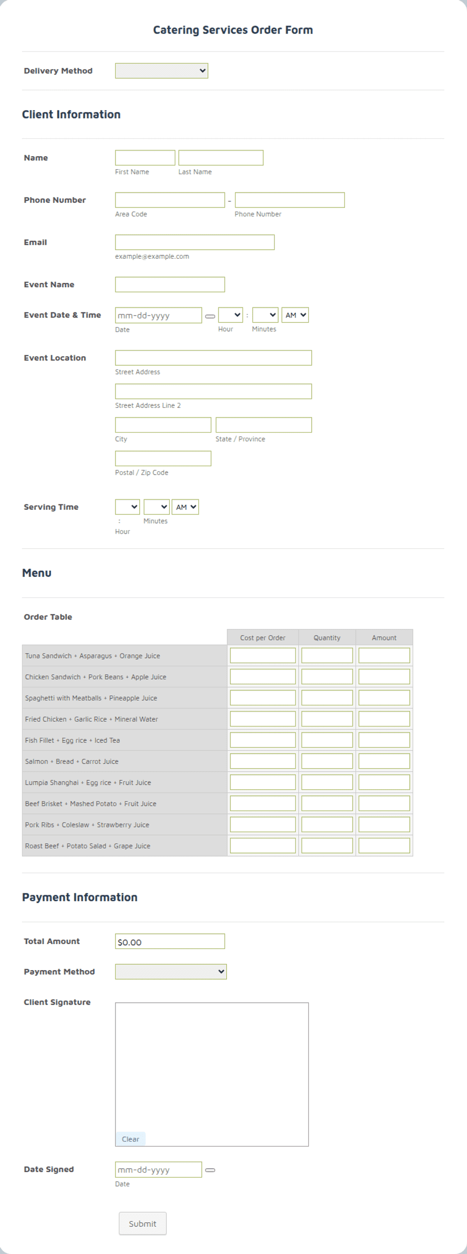 restaurant catering order form template - free &... Catering Services Order Form Template | Jotform
