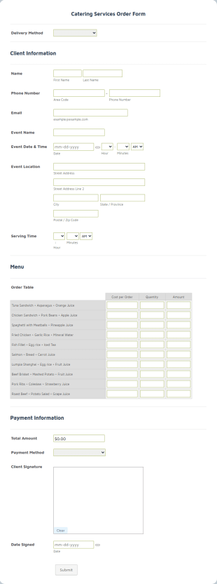 Catering Services Order Form Template