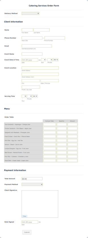 Catering Services Order Form Template