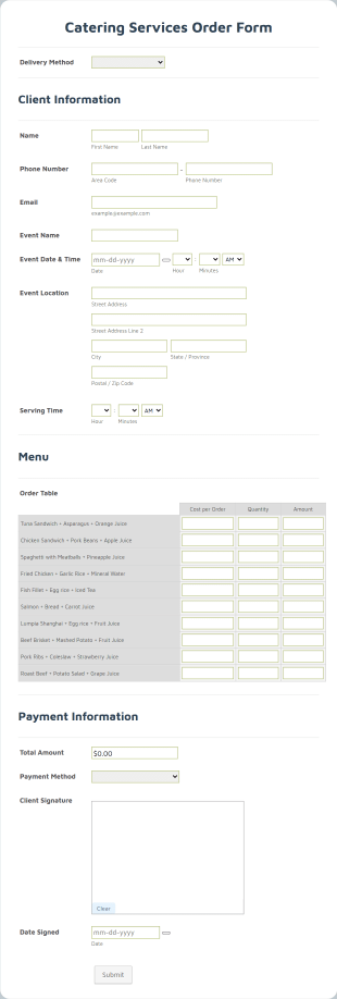 Catering Services Order Form Template