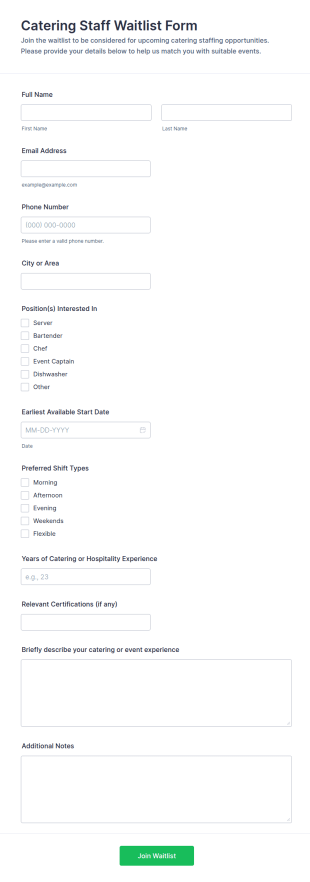 Catering Staff Waitlist Form Template