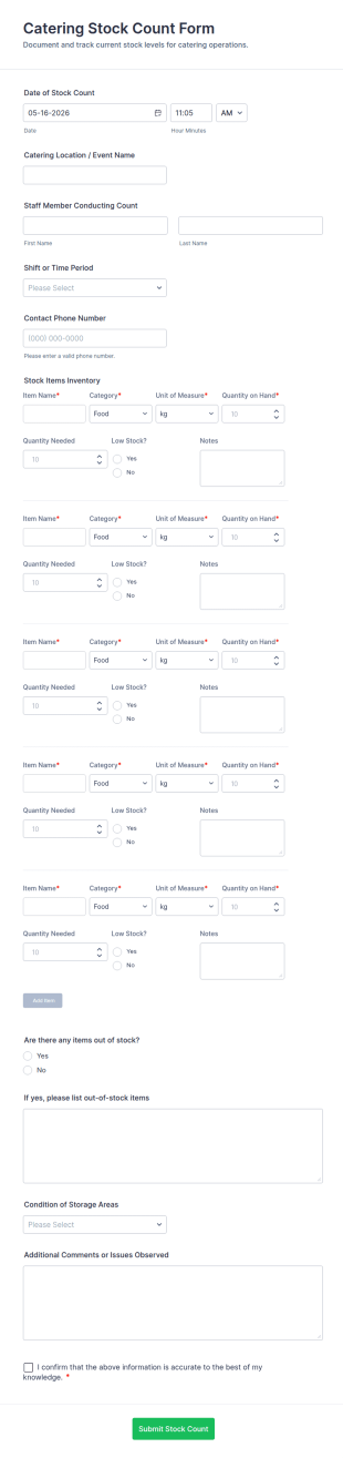 Catering Stock Count Form Template