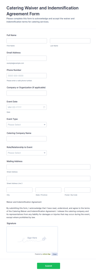 Catering Waiver And Indemnification Agreement Form Template