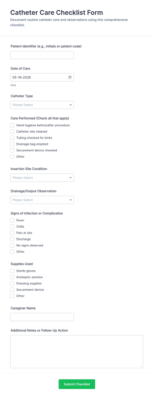 Catheter Care Checklist Form Template