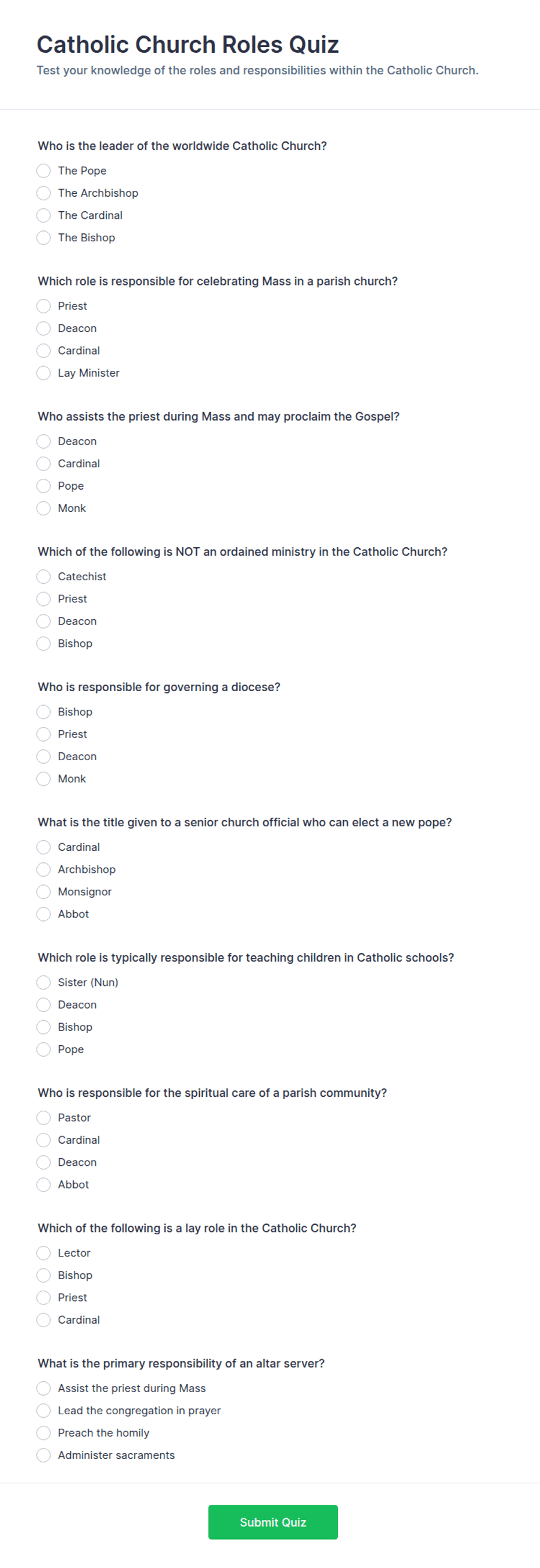 Catholic Church Roles Quiz Form Template | Jotform