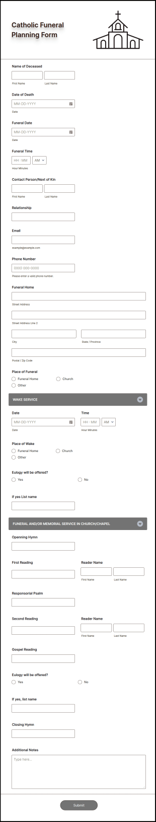 Catholic Funeral Planning Form Template