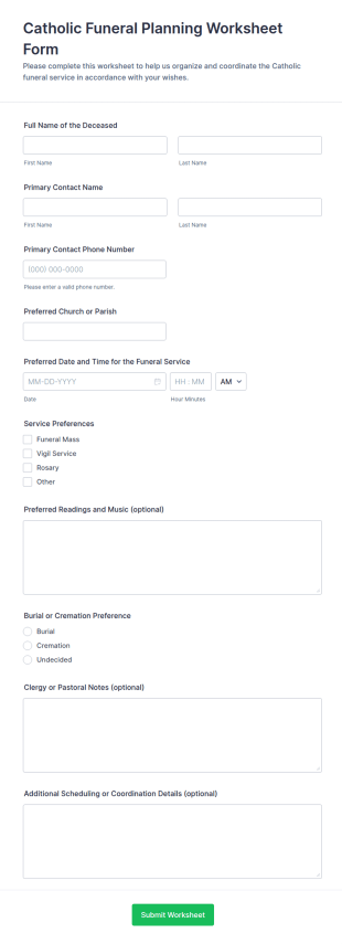 Catholic Funeral Planning Worksheet Form Template