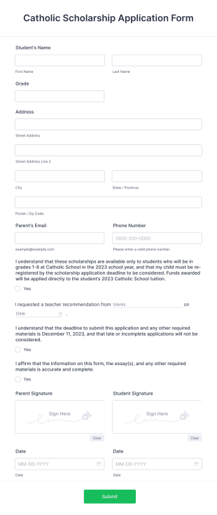 Catholic Scholarship Application Form Template
