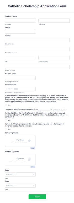 Catholic Scholarship Application Form Template