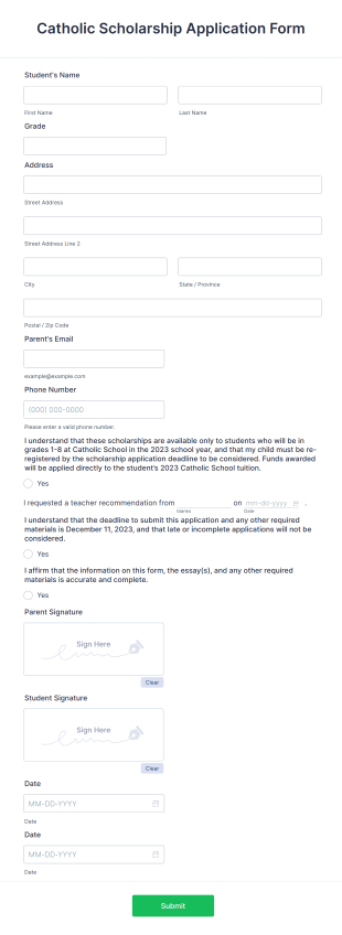 Catholic Scholarship Application Form Template