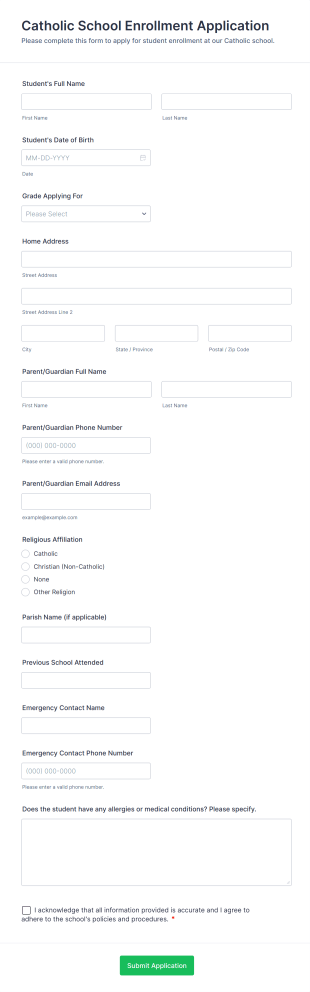 Catholic School Enrollment Application Form Template