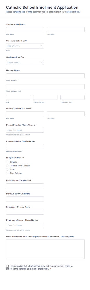 Catholic School Enrollment Application Form Template