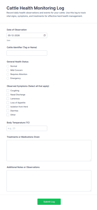 Cattle Health Monitoring Log Form Template