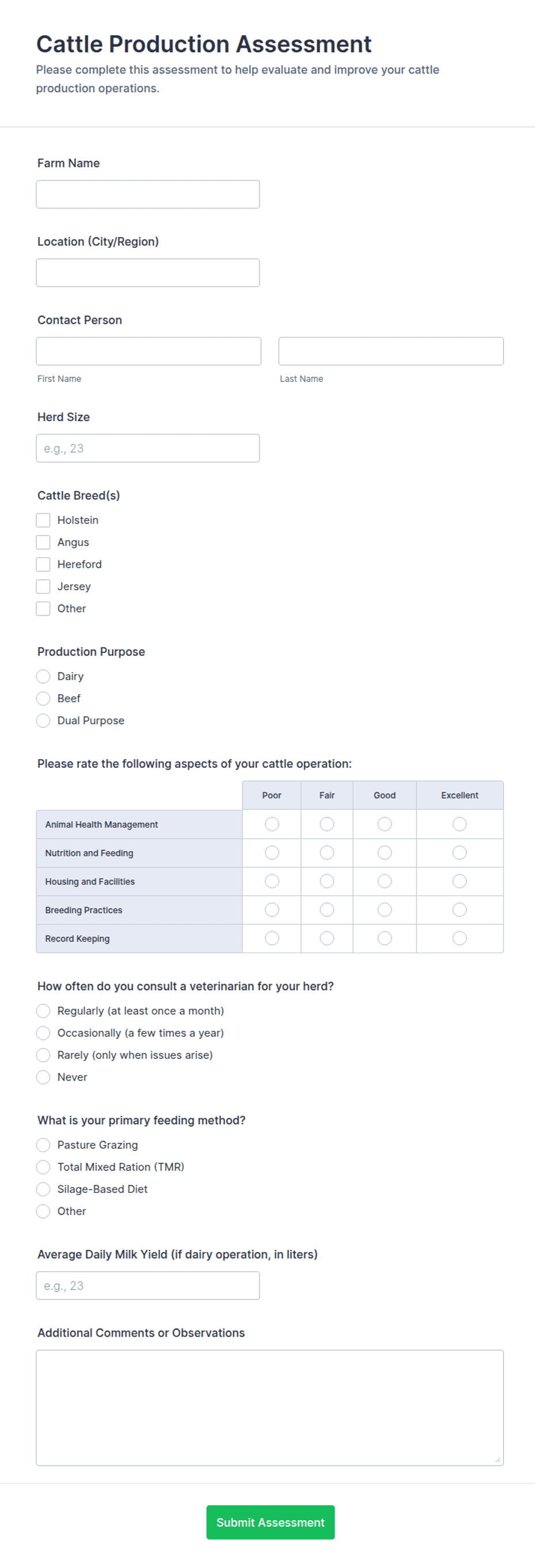 Cattle Production Assessment Form Template | Jotform