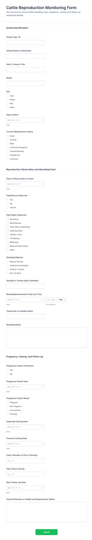 Cattle Reproduction Monitoring Form Template