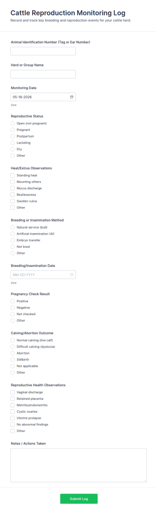Cattle Reproduction Monitoring Log Form Template