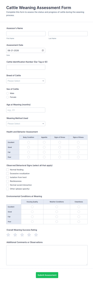 Cattle Weaning Assessment Form Template