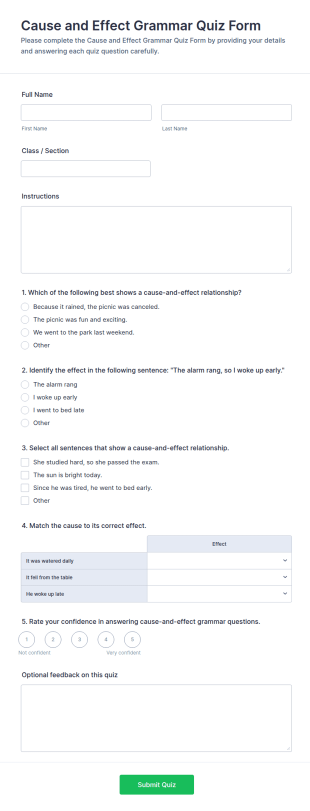 Cause And Effect Grammar Quiz Form Template