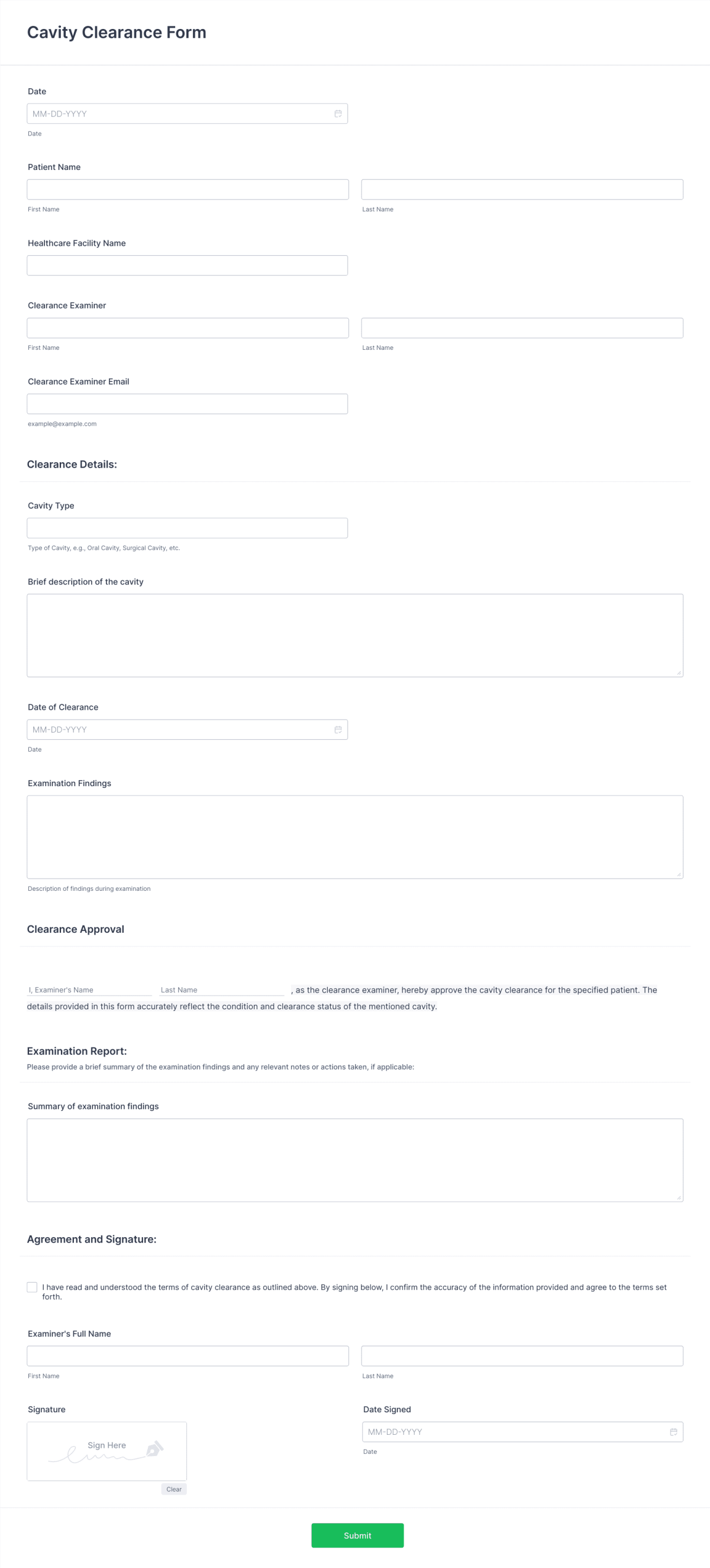 Cavity Clearance Form Template | Jotform