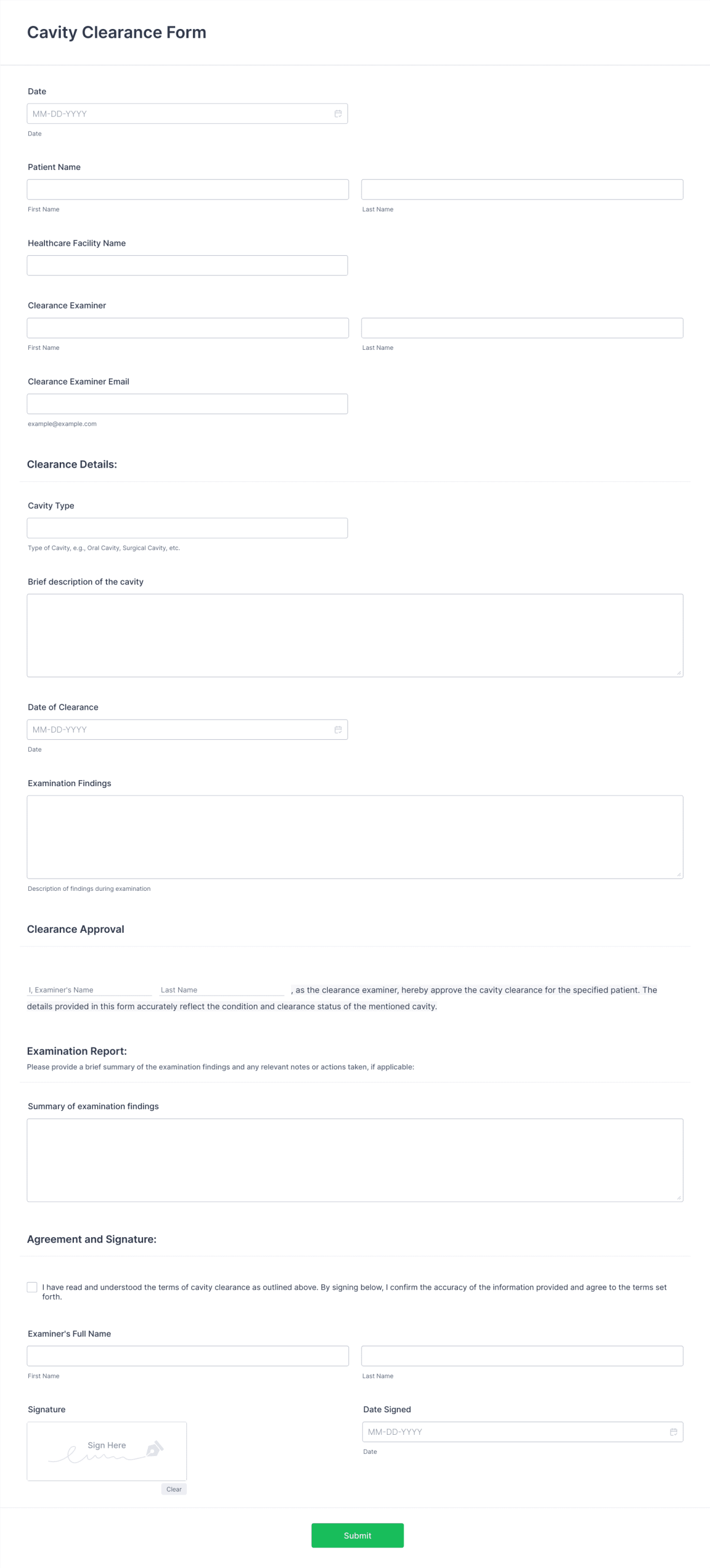 Cavity Clearance Form Template Jotform