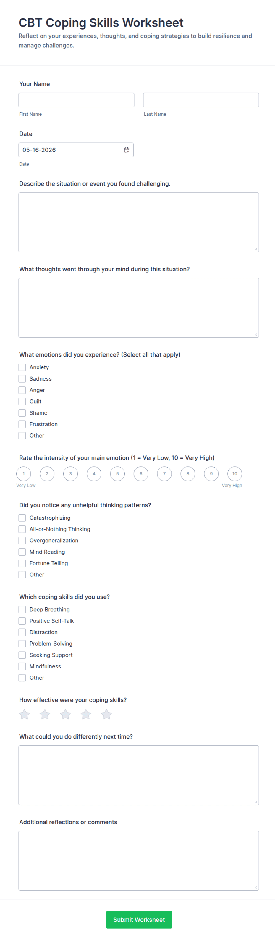 CBT Coping Skills Worksheet Form Template | Jotform