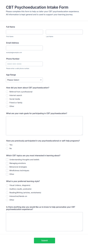 CBT Psychoeducation Intake Form Template