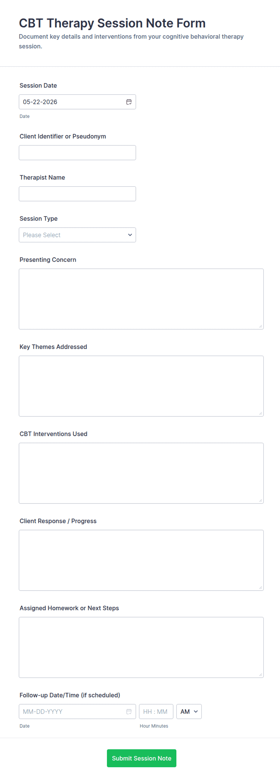 CBT Therapy Session Note Form Template | Jotform