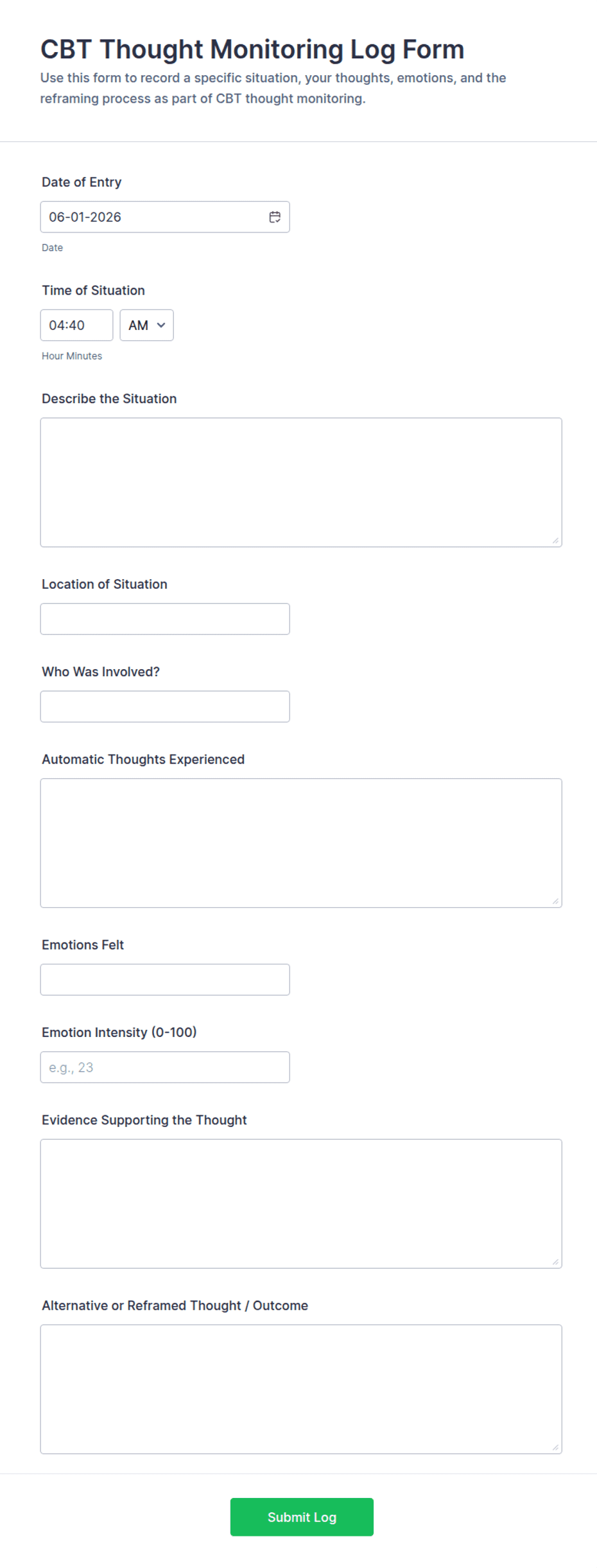 CBT Thought Monitoring Log Form Template | Jotform