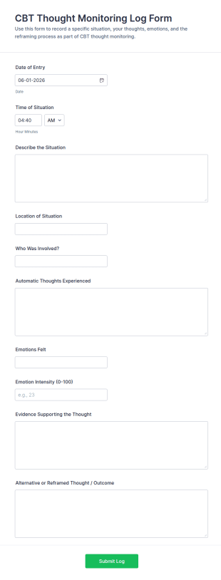 CBT Thought Monitoring Log Form Template