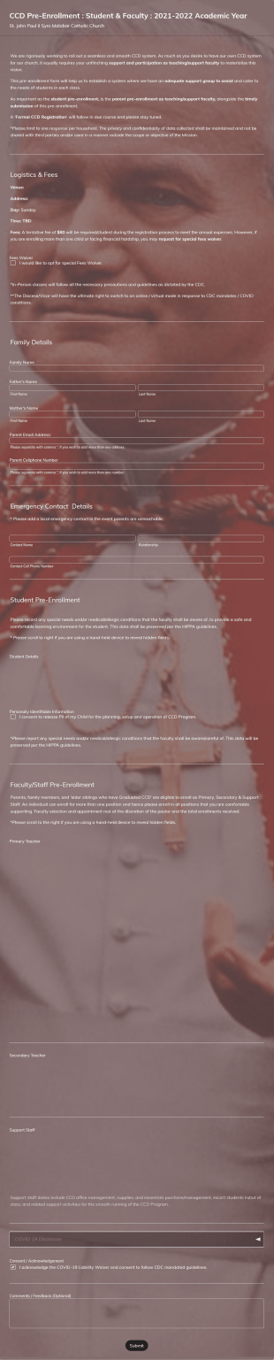 CCD Pre Enrollment Form Template