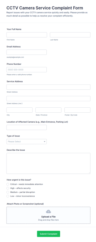 CCTV Camera Service Complaint Form Template