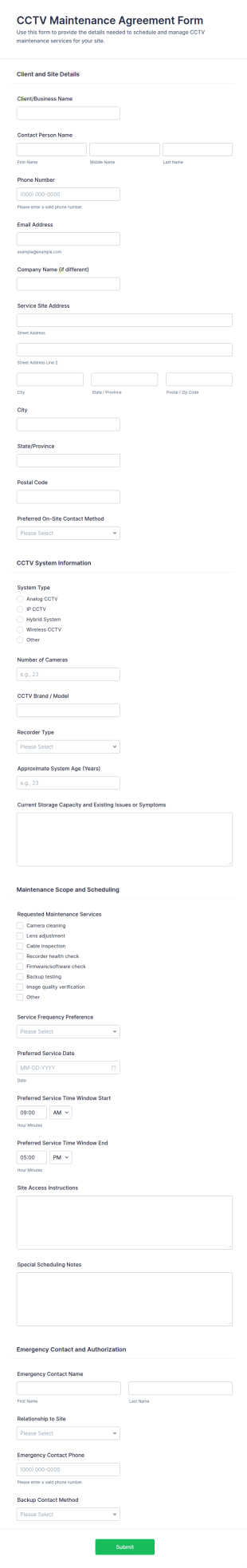 CCTV Maintenance Agreement Form Template
