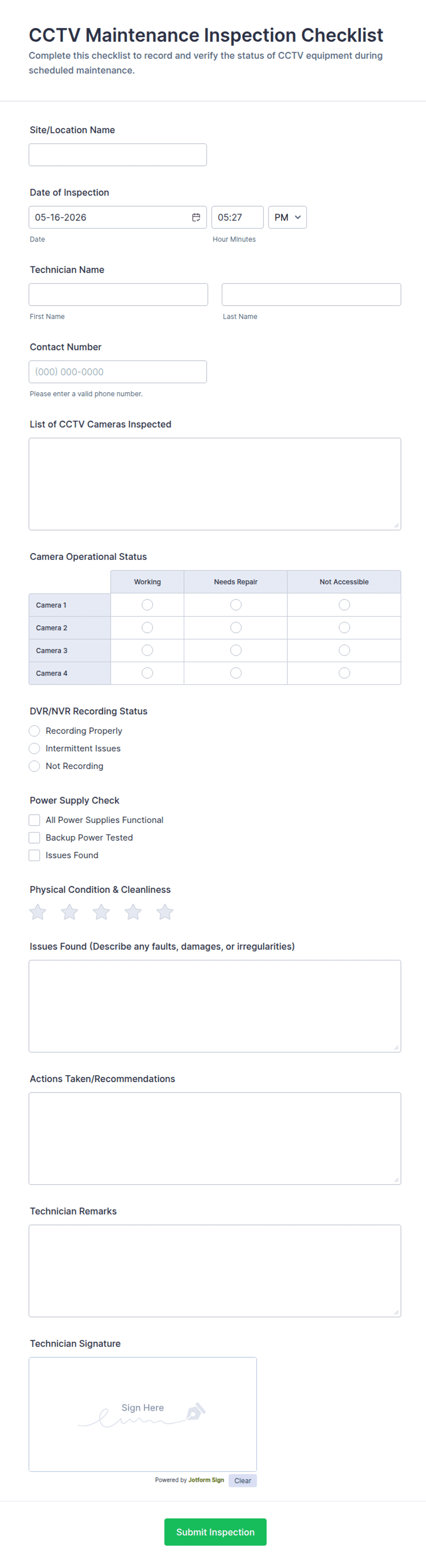 CCTV Maintenance Inspection Checklist Form Template | Jotform