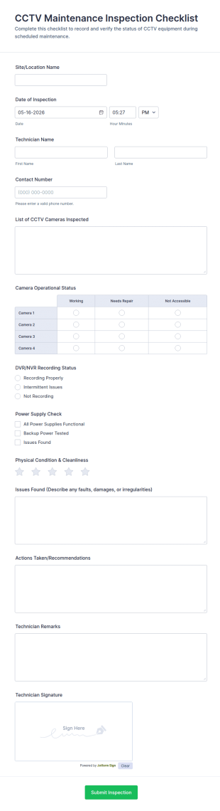 CCTV Maintenance Inspection Checklist Form Template