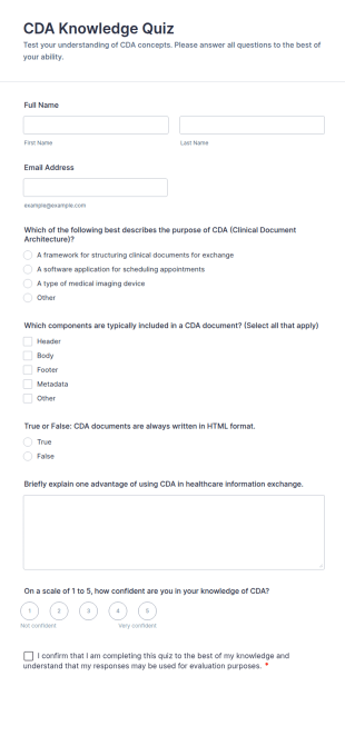 CDA Knowledge Quiz Form Template