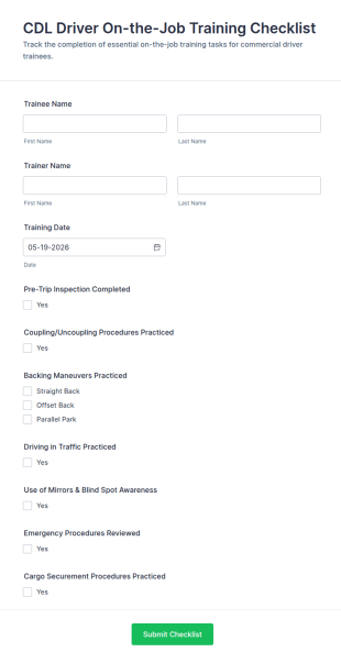 CDL Driver On The Job Training Checklist Form Template