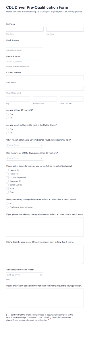 CDL Driver Pre Qualification Form Template