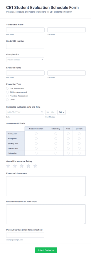 CE1 Student Evaluation Schedule Form Template