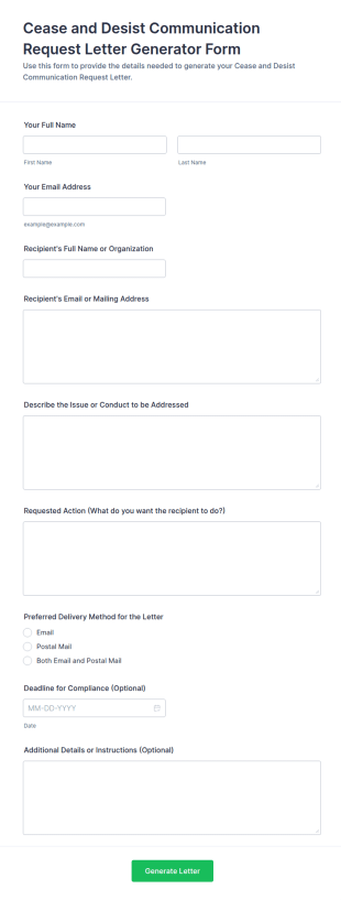 Cease And Desist Communication Request Letter Generator Form Template